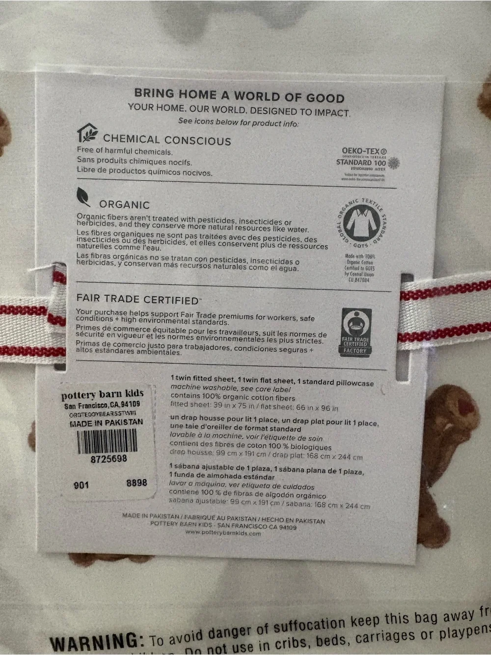 NWT Pottery Barn Kids Teddy Bear Holiday Organic Twin Sheet Set - White/Brown